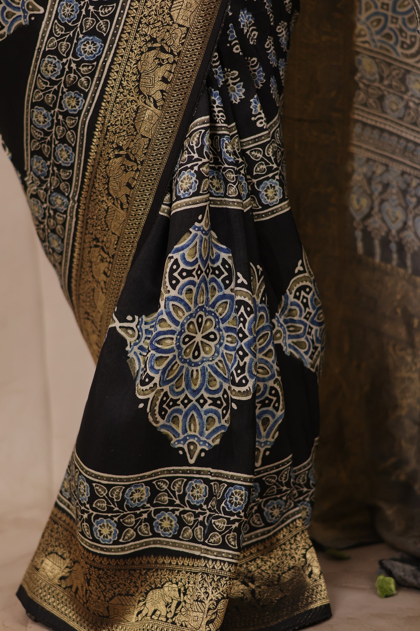 Black Ajrakh Handblock printed Dola Silk Saree | Looms & Tassels