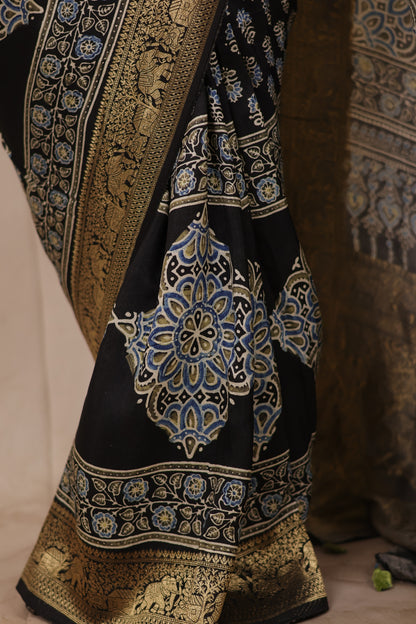 Black Ajrakh Handblock printed Dola Silk Saree | Looms & Tassels
