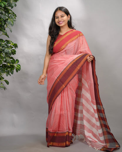 Onion Pink Narayanpet Cotton Saree With Ganga And Jamuna Border | Looms & Tassels
