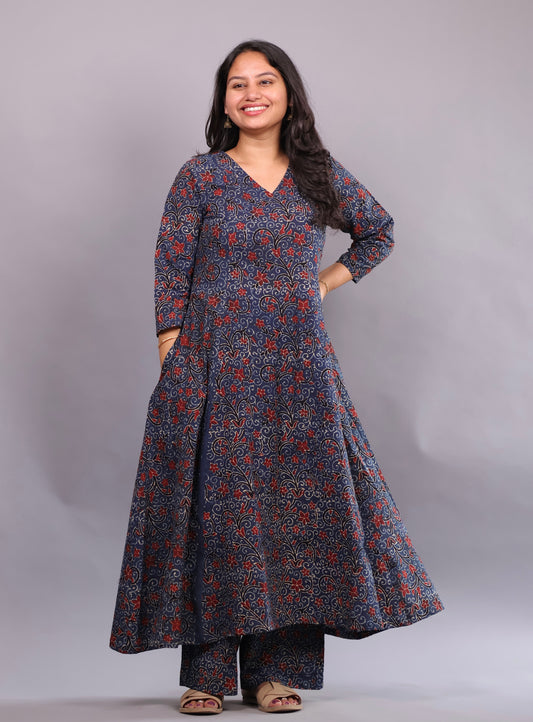 Indigo Ajrakh Handblock Printed Kali Kurti Co-ord Set (Pure Cotton ) | Looms & Tassels