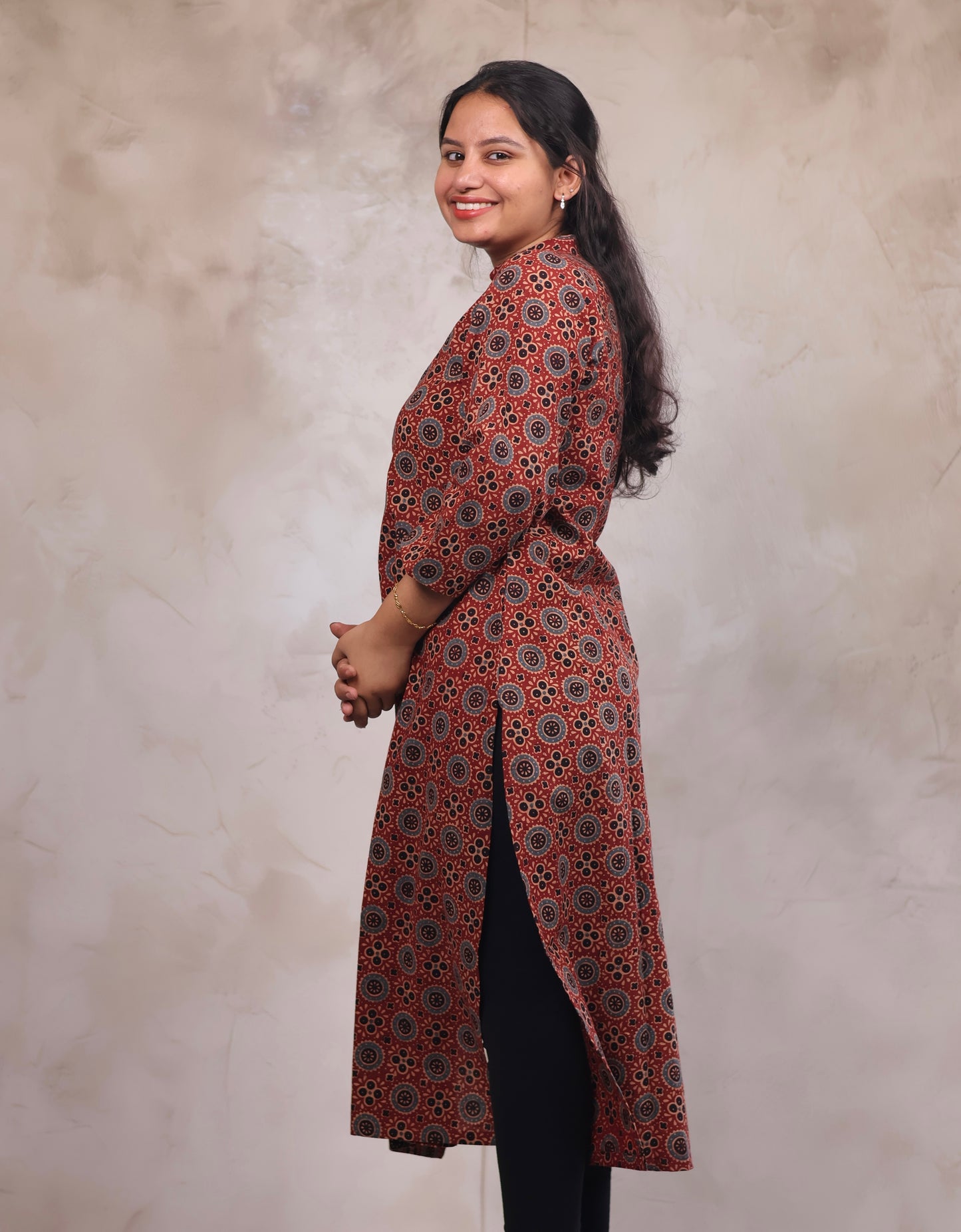 Red Ajrakh Hand Block Printed Kurti | Looms & Tassels