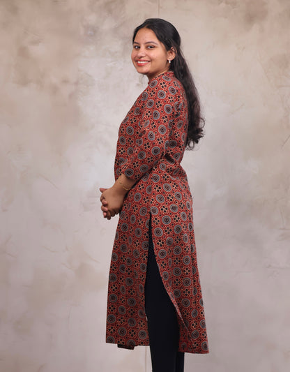 Red Ajrakh Hand Block Printed Kurti | Looms & Tassels