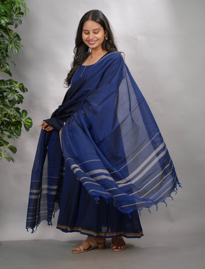 Blue Narayanpet Cotton Anarkali Dress with Narayanpet Dupatta | Looms & Tassels