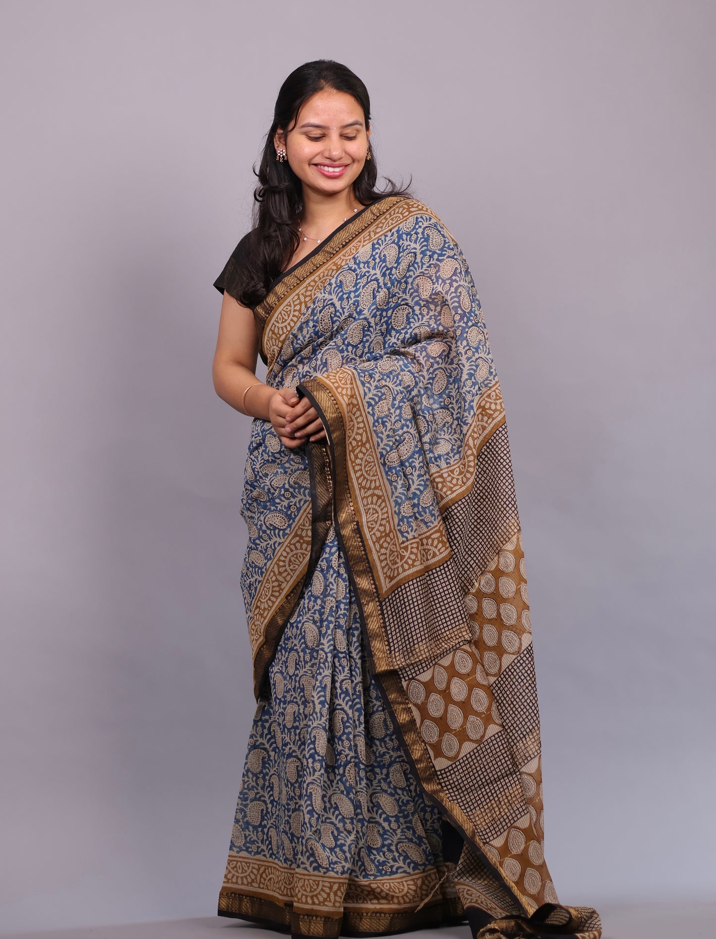 Blue Bagru Hand Block Printed Maheswari Silk Cotton Saree