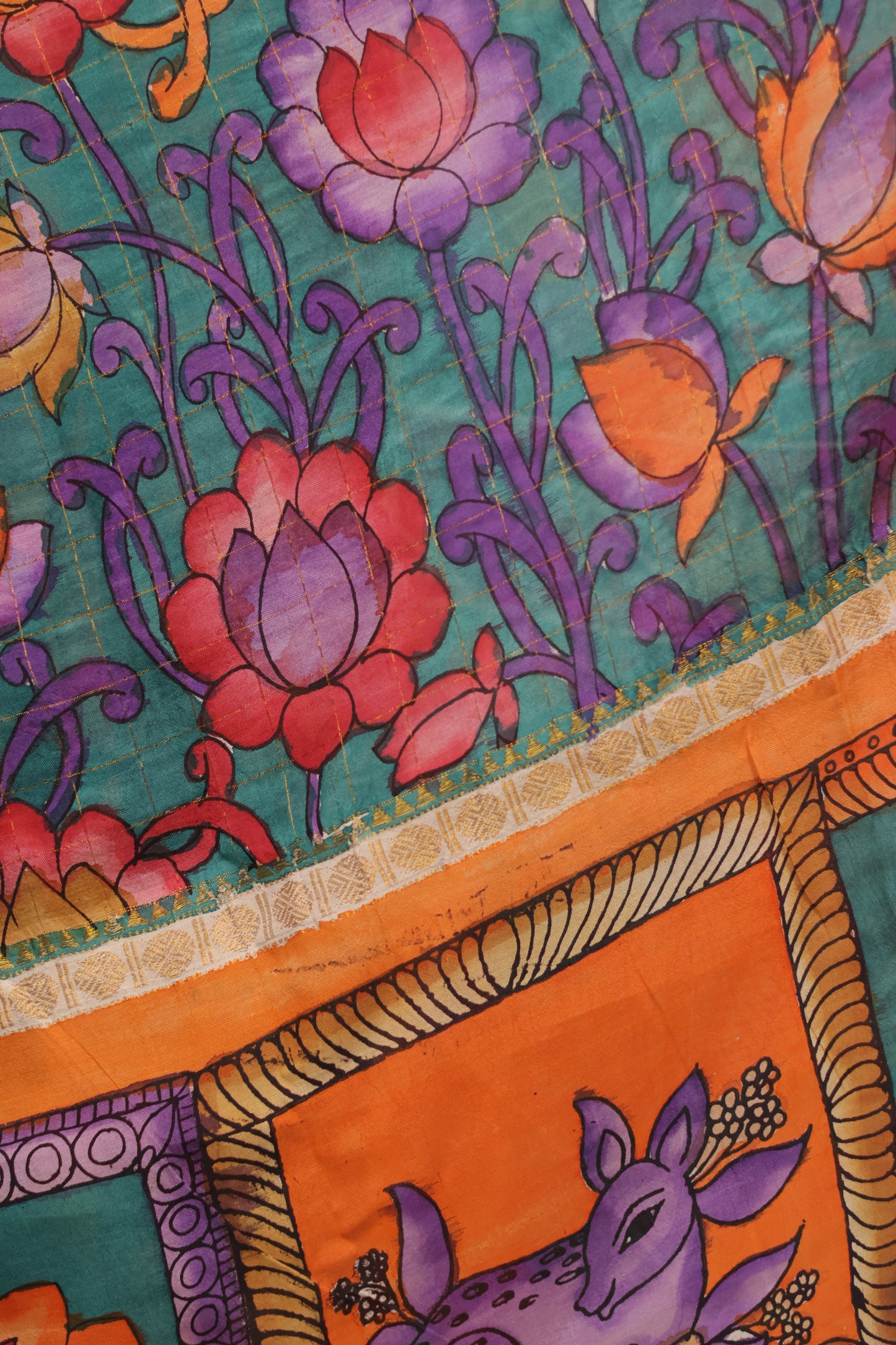 Sea Green Hand Painted Pen Kalamkari Bangalore Silk Saree with Sungdi Borders