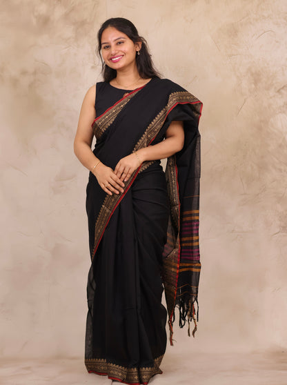 Black Narayanpet Cotton Saree | Looms & Tassels