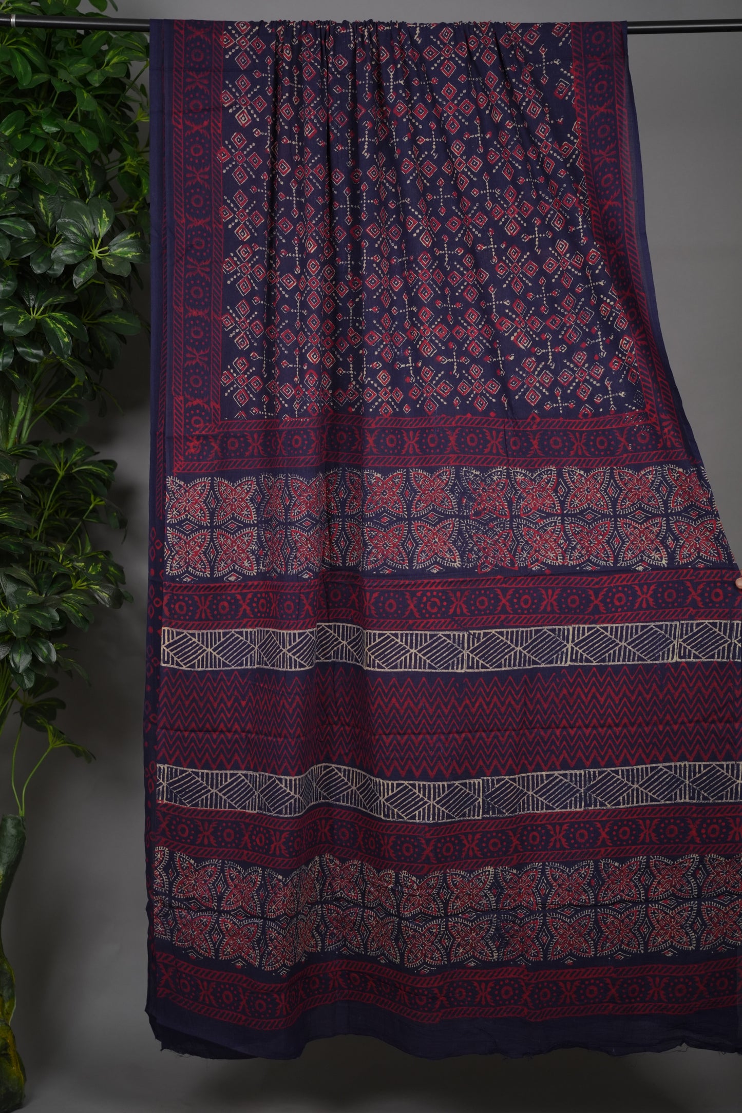 Violet Bagru Handblock printed MulMul cotton saree | Looms & Tassels