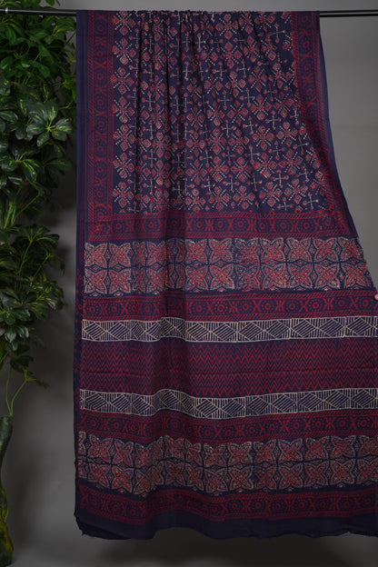 Violet Bagru Handblock printed MulMul cotton saree | Looms & Tassels