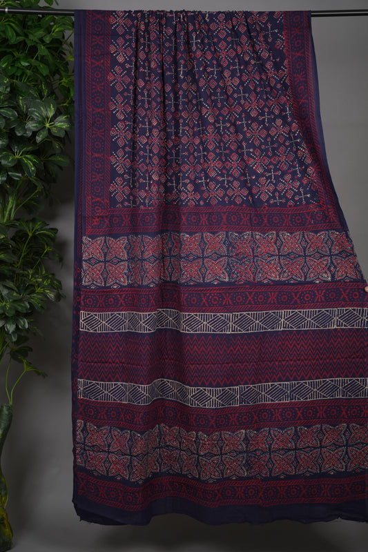 Violet Bagru Handblock printed MulMul cotton saree | Looms & Tassels