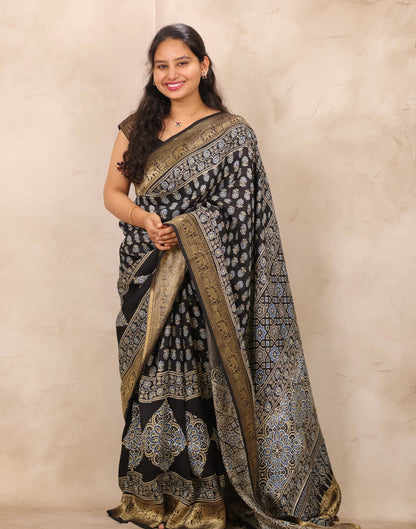 Black Ajrakh Handblock printed Dola Silk Saree | Looms & Tassels
