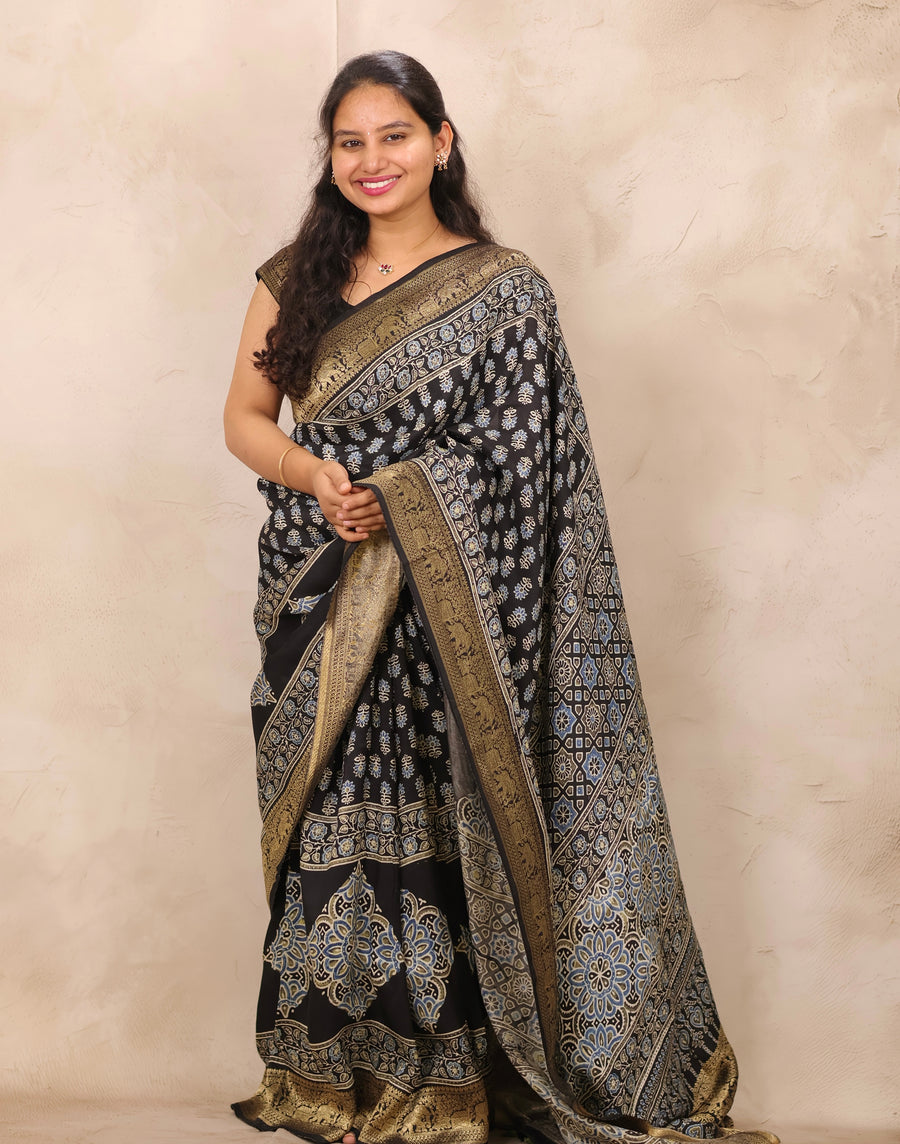 Black Ajrakh Handblock printed Dola Silk Saree | Looms & Tassels