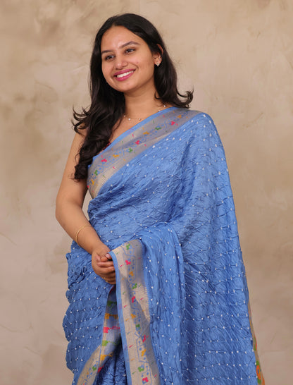 Pastel Handcrafted Bandhani Paithani Dola Silk Saree | Looms & Tassels