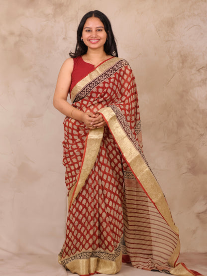 Maroon Chiffon Hand Block Printed Saree with Jari Border | Looms & Tassels