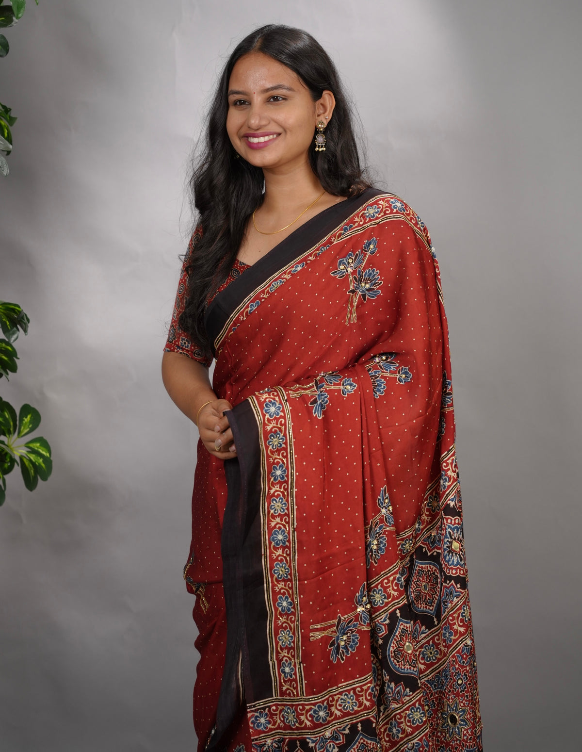 Maroon Ajrakh Modal Silk Hand Embroidery Saree  | Looms & Tassels