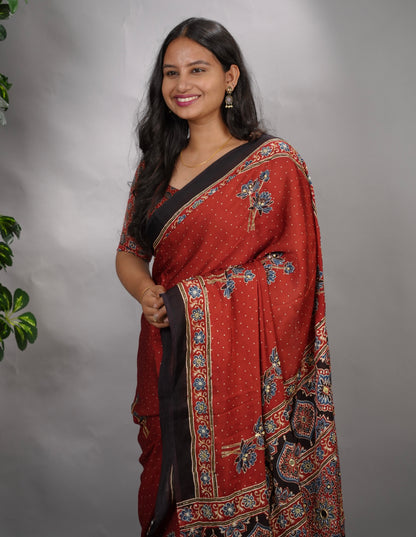 Maroon Ajrakh Modal Silk Hand Embroidery Saree  | Looms & Tassels