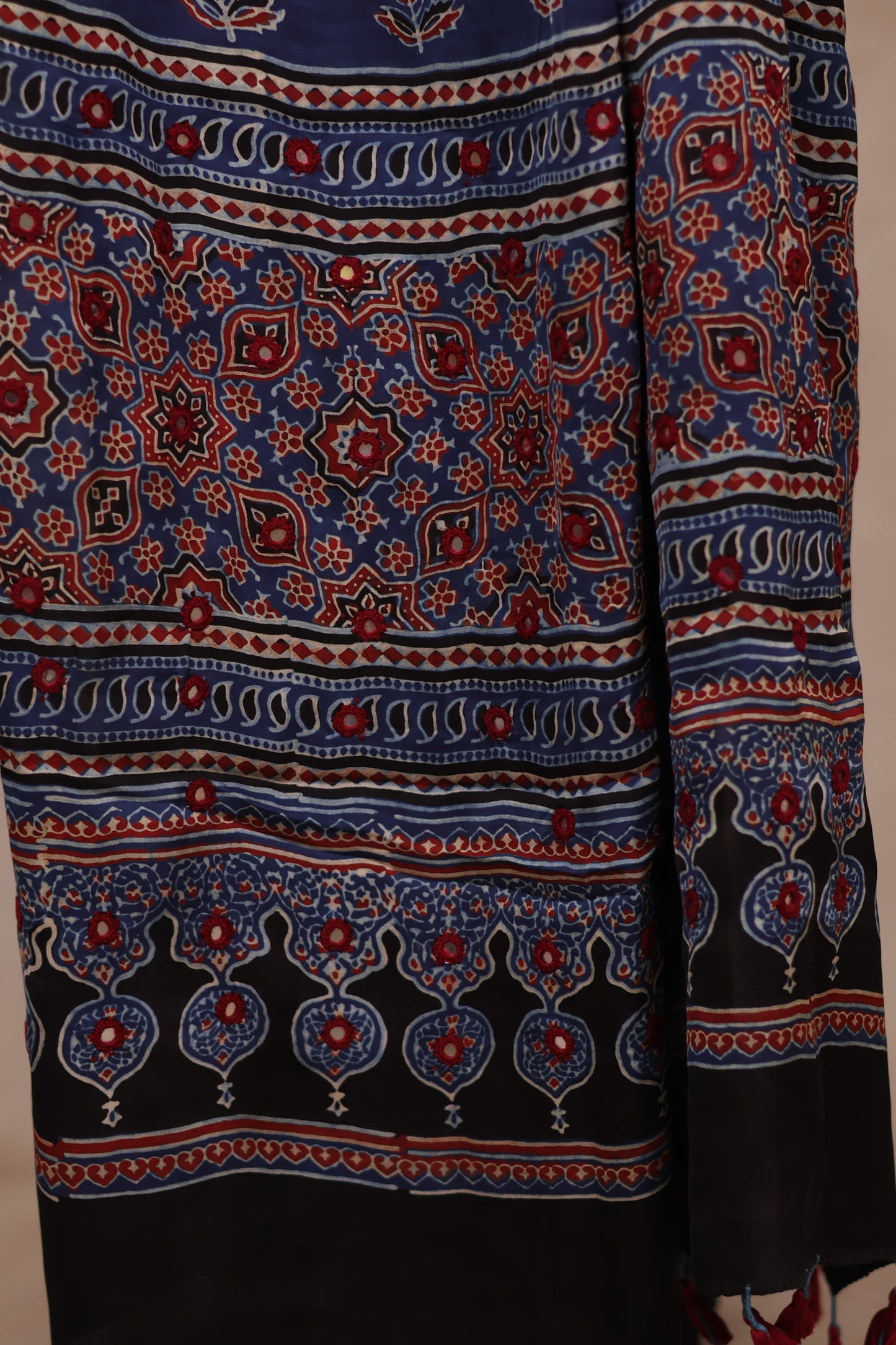 Indigo Handcrafted Ajrakh Modal Silk Saree with Authentic Banjara Mirror Work | Looms & Tassels