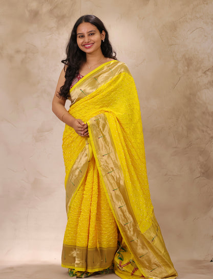 Yellow Handcrafted Bandhani Paithani Dola Silk Saree | Looms & Tassels