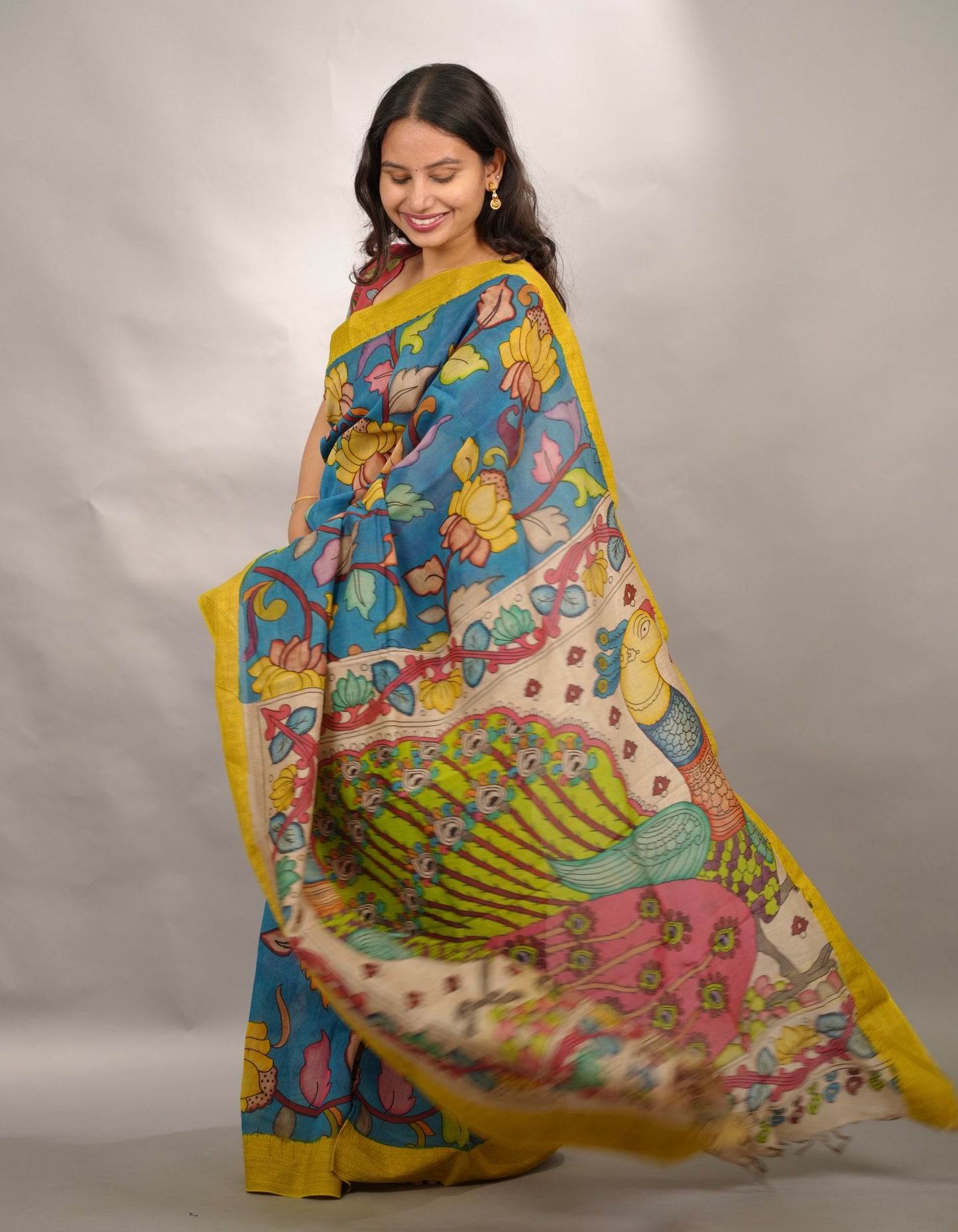 Hand Drawn Pen Kalamkari Rama Blue And Yellow Bangalore Silk Gicha Border Saree | Looms & Tassels