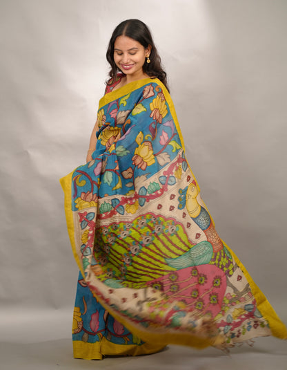 Hand Drawn Pen Kalamkari Rama Blue And Yellow Bangalore Silk Gicha Border Saree | Looms & Tassels