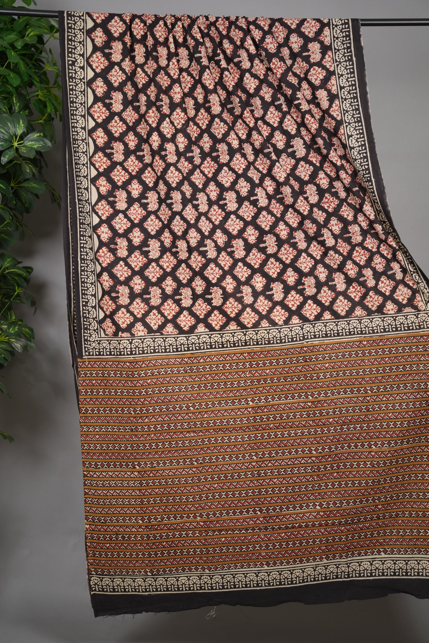 Black Bagru Handblock printed MulMul cotton saree | Looms & Tassels