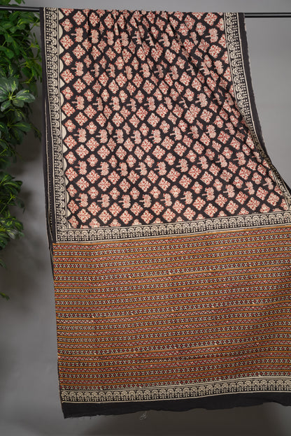 Black Bagru Handblock printed MulMul cotton saree | Looms & Tassels