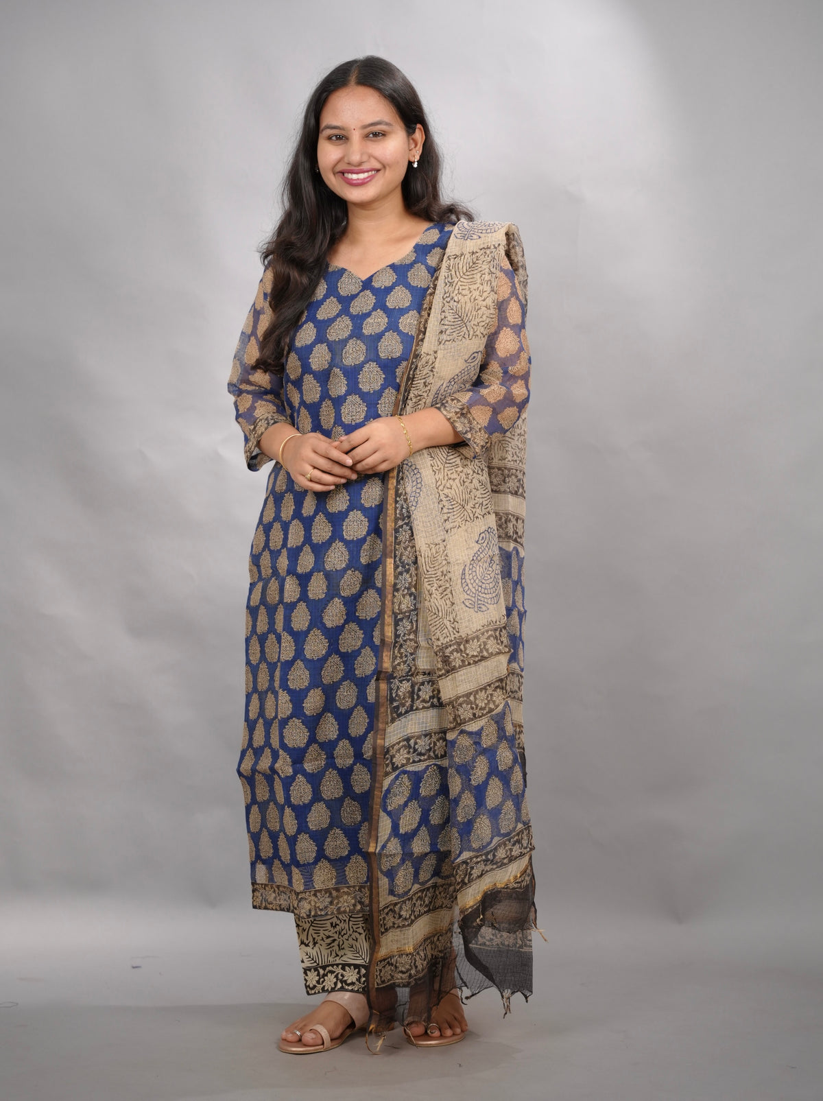 Blue Handblock printed kota 3 piece suit (stitched) | Looms & Tassels