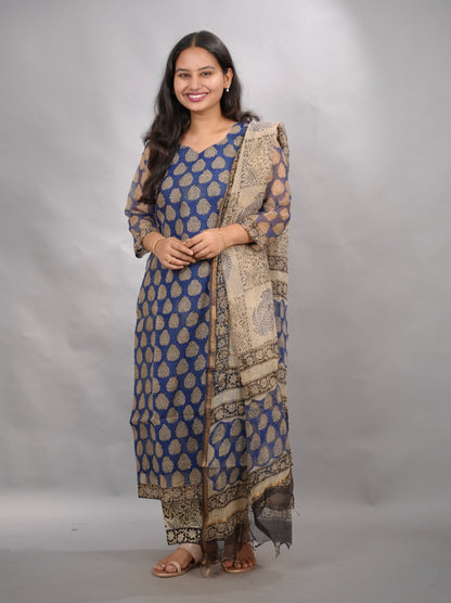 Blue Handblock printed kota 3 piece suit (stitched) | Looms & Tassels