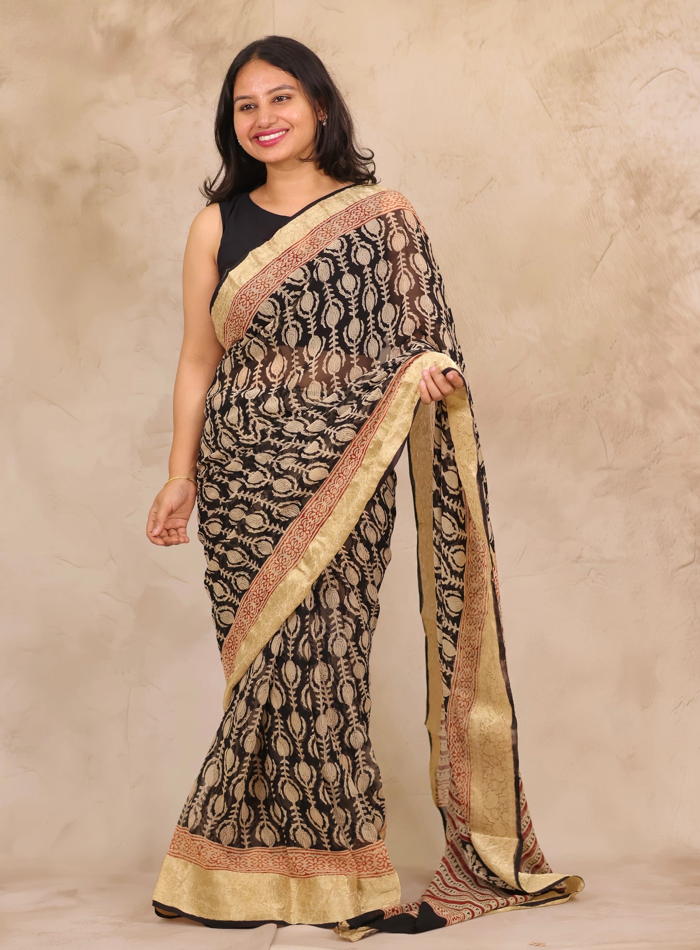 Black Chiffon Hand Block Printed Saree with Jari Border | Looms & Tassels