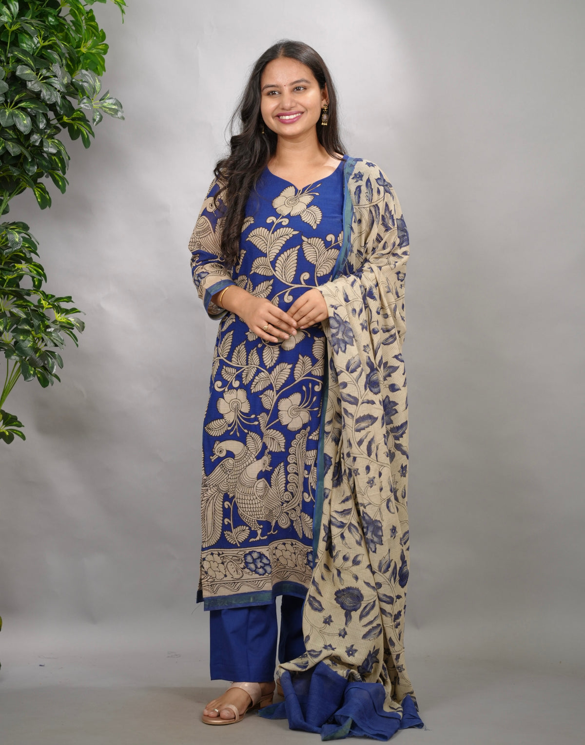 Blue Kalamkari Kota Cotton 3 piece suit (stitched) | Looms & Tassels