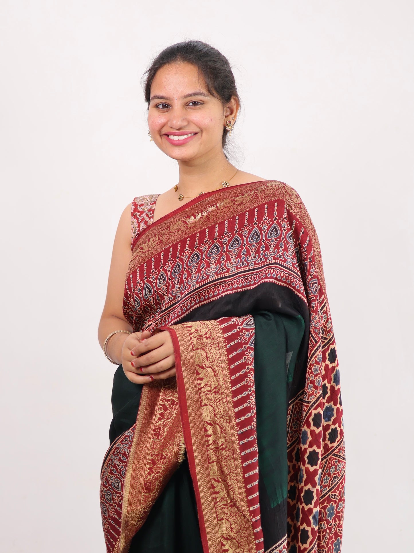 Green Ajrakh Dola Silk Saree