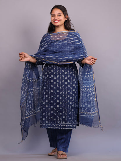 Indigo Handblock printed kota 3 piece suit (stitched)