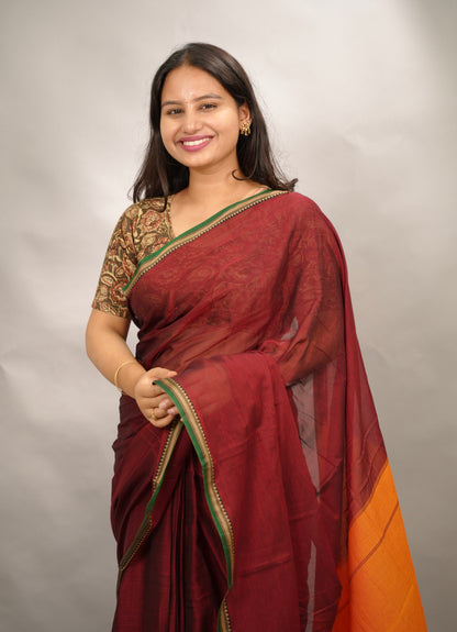 Deep Maroon Narayanpet Cotton Saree | Looms & Tassels