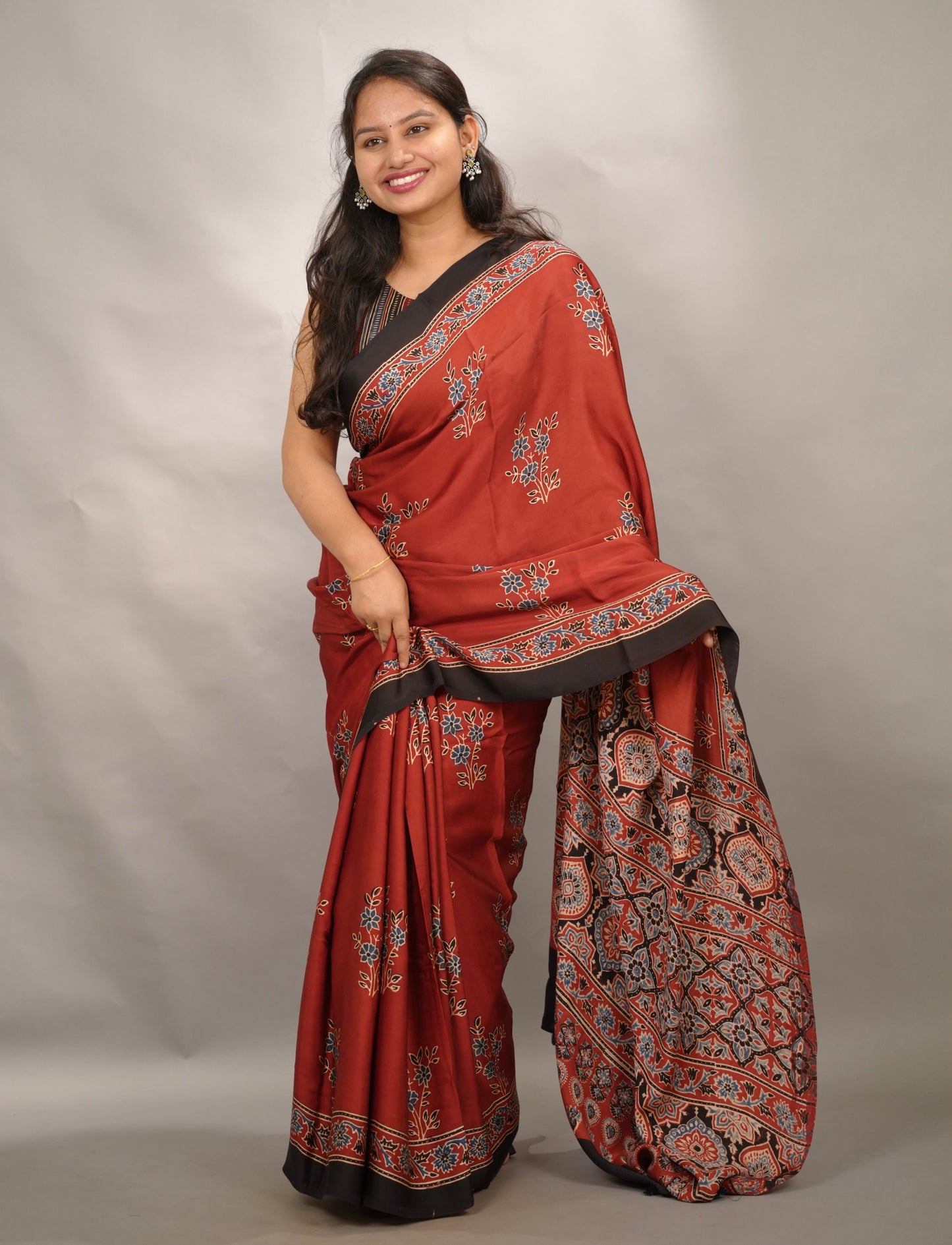Maroon Authentic Ajrakh Handblock Printed Modal Silk Saree | Looms & Tassels