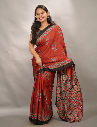 Maroon Authentic Ajrakh Handblock Printed Modal Silk Saree | Looms & Tassels