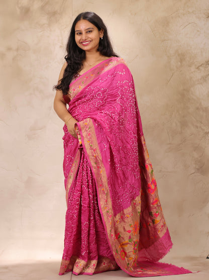Pink Handcrafted Pattern Bandhani Paithani Dola Silk Saree | Looms & Tassels