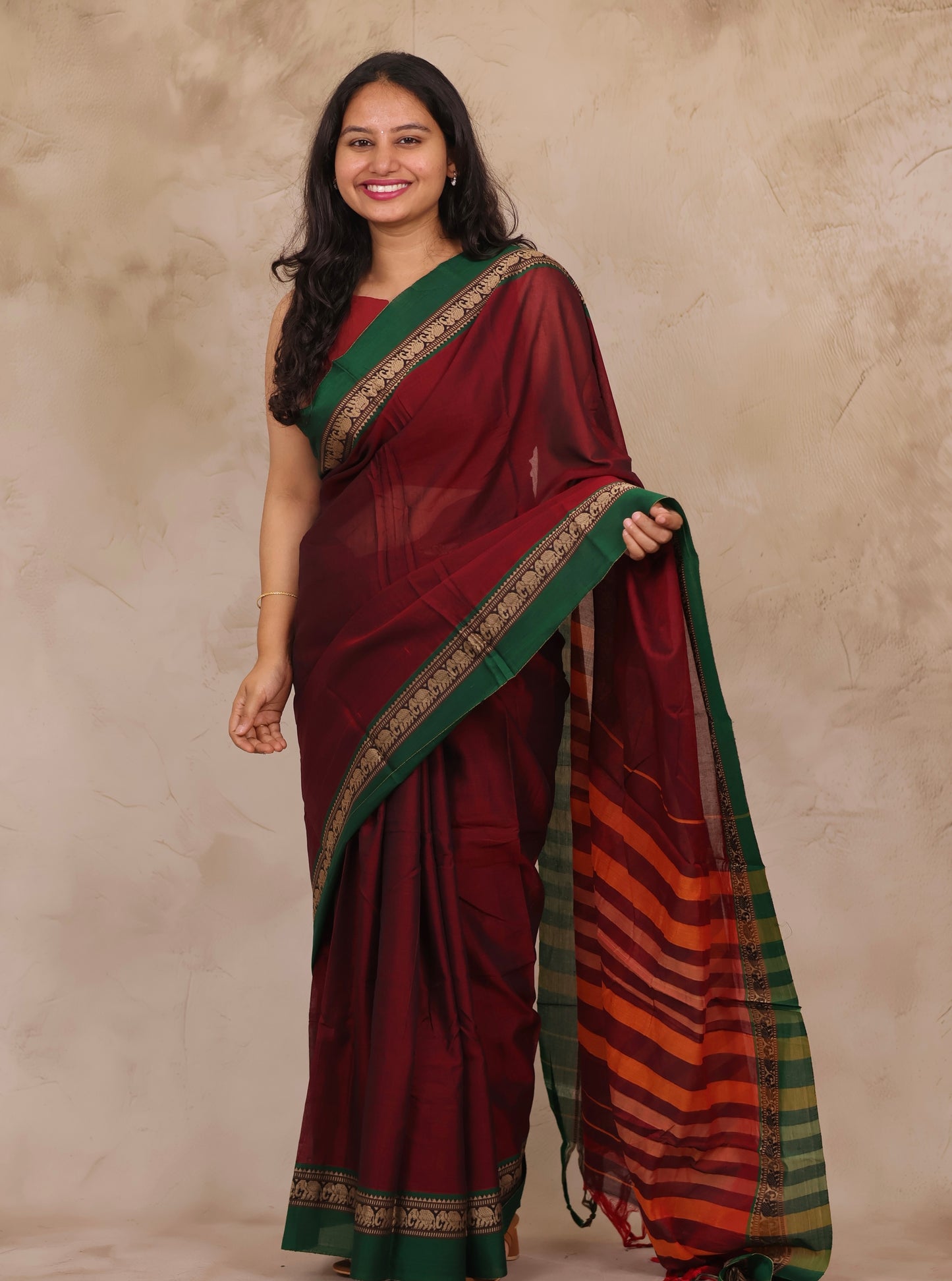 Maroon Narayanpet Cotton Saree with Elephant Border | Looms & Tassels