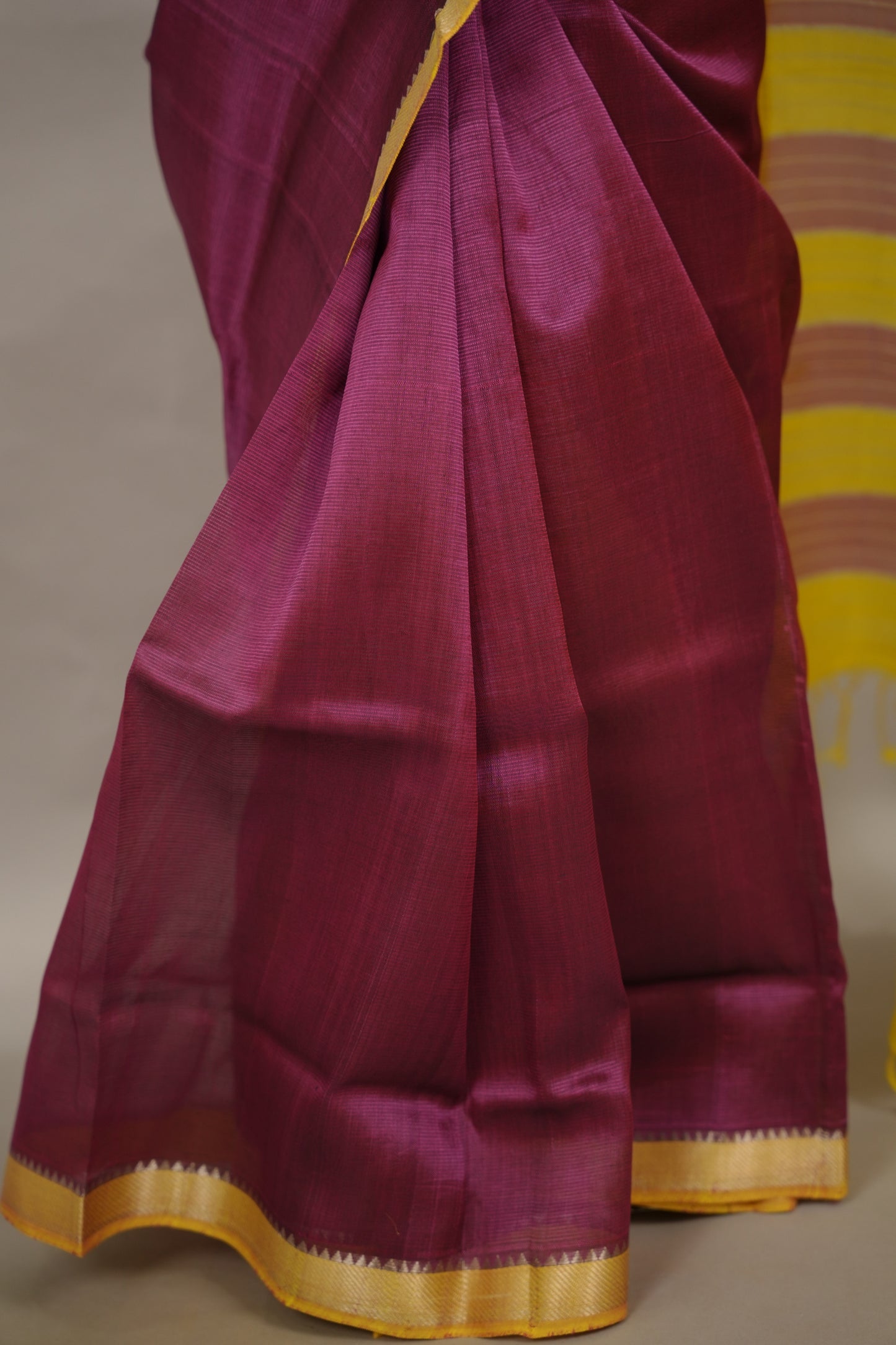 Wine & Yellow Handloom Mangalagiri Silk Saree| Looms & Tassels
