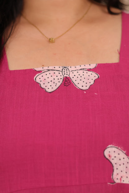 Pink Butterfly Print Pure Mul Cotton Maxi Dress | Looms & Tassels
