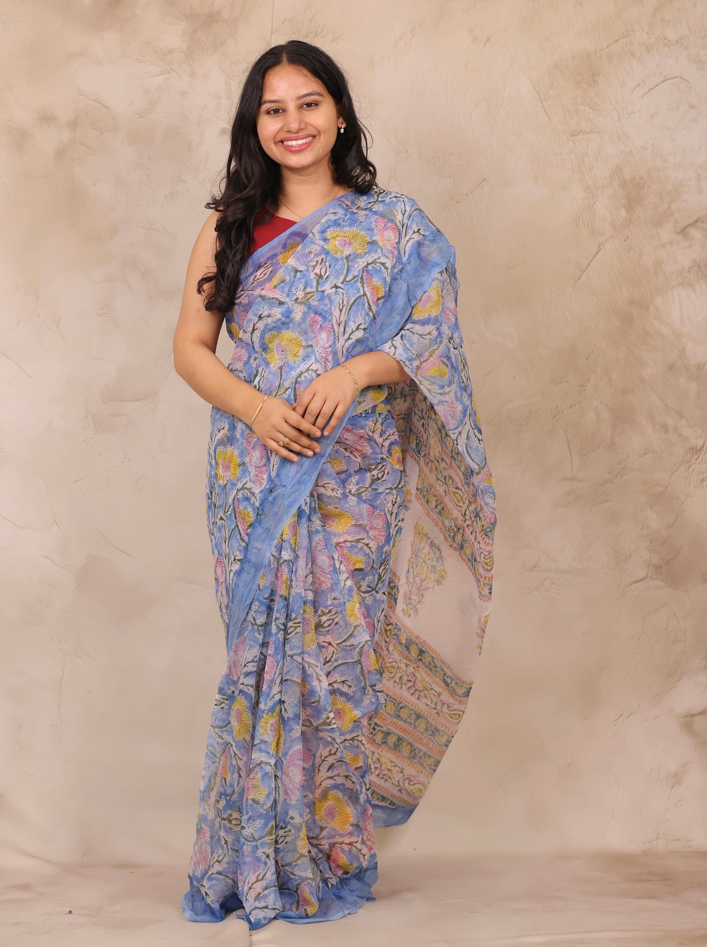 Blue Chiffon Hand Block Printed Saree | Looms & Tassels