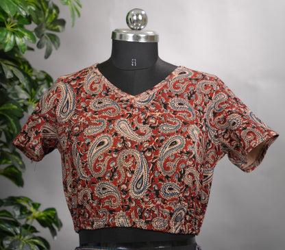 V Neck Stretchable Hand block printed kalamkari blouse