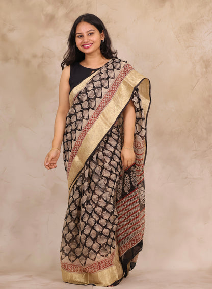 Black Chiffon Hand Block Printed Saree with Jari Border | Looms & Tassels