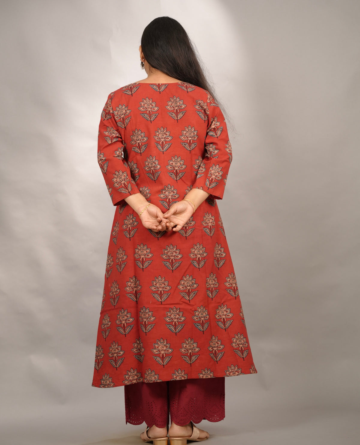 Red Ajrakh Hand Block Printed Pure Mul Cotton A-line Kurta | Looms & Tassels