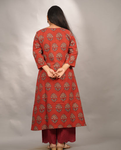 Red Ajrakh Hand Block Printed Pure Mul Cotton A-line Kurta | Looms & Tassels