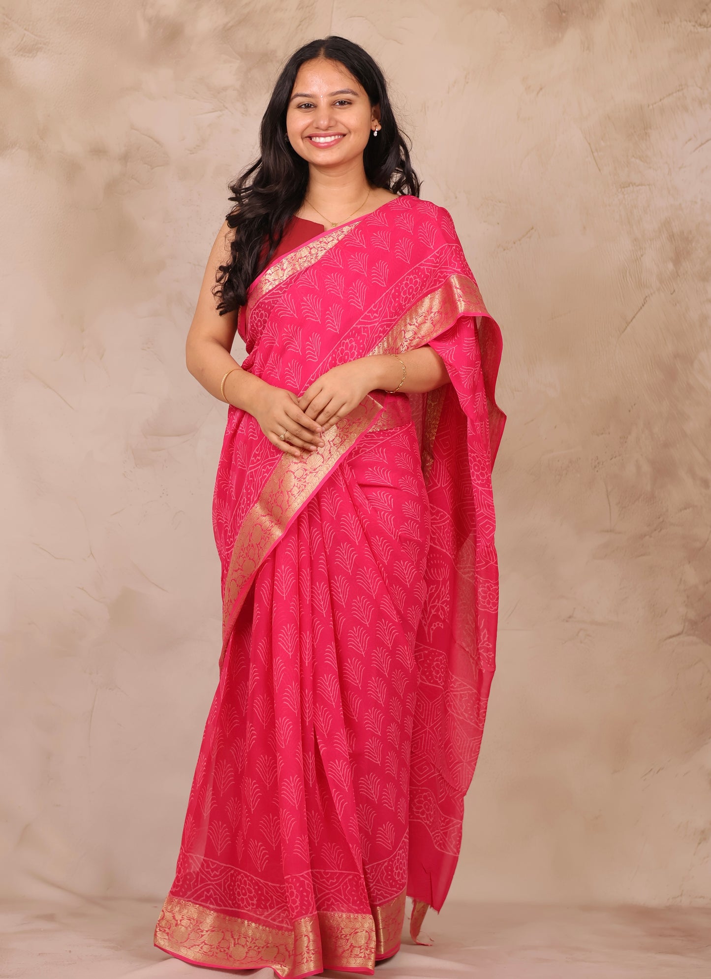 Pink Chiffon Hand Block Printed Saree with Jari Border | Looms & Tassels
