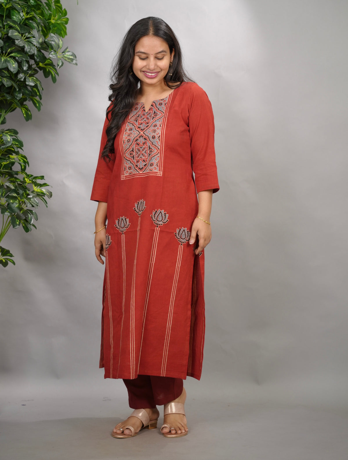 Maroon Ajrakh Pattern Hand Block printed Kurti | Looms & Tassels
