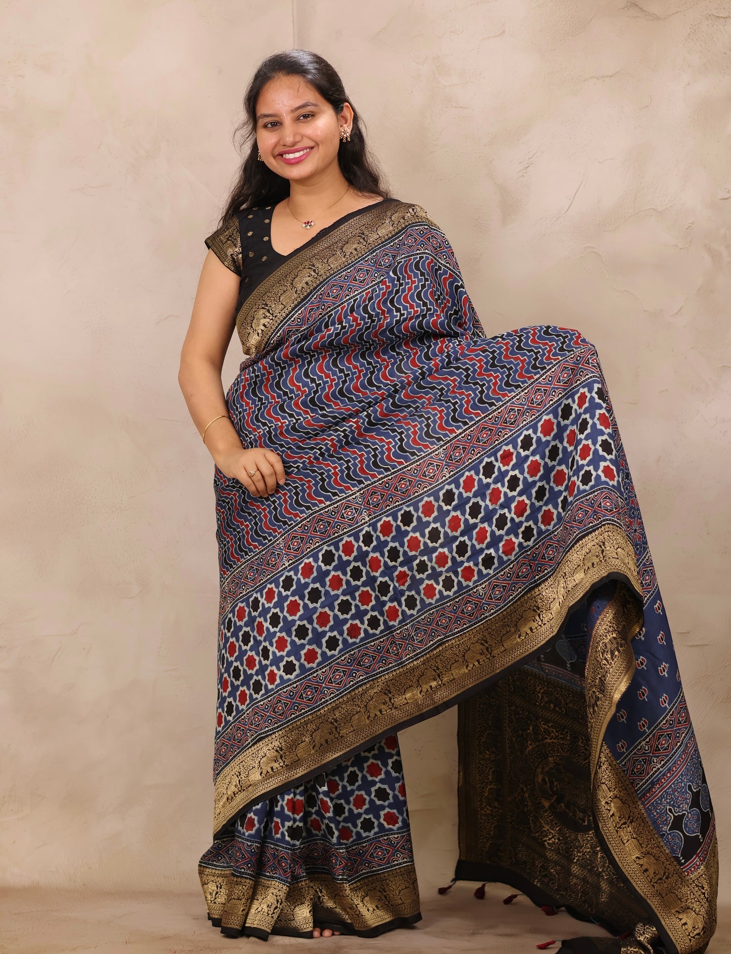 Indigo Ajrakh Handblock printed Dola Silk Saree | Looms & Tassels