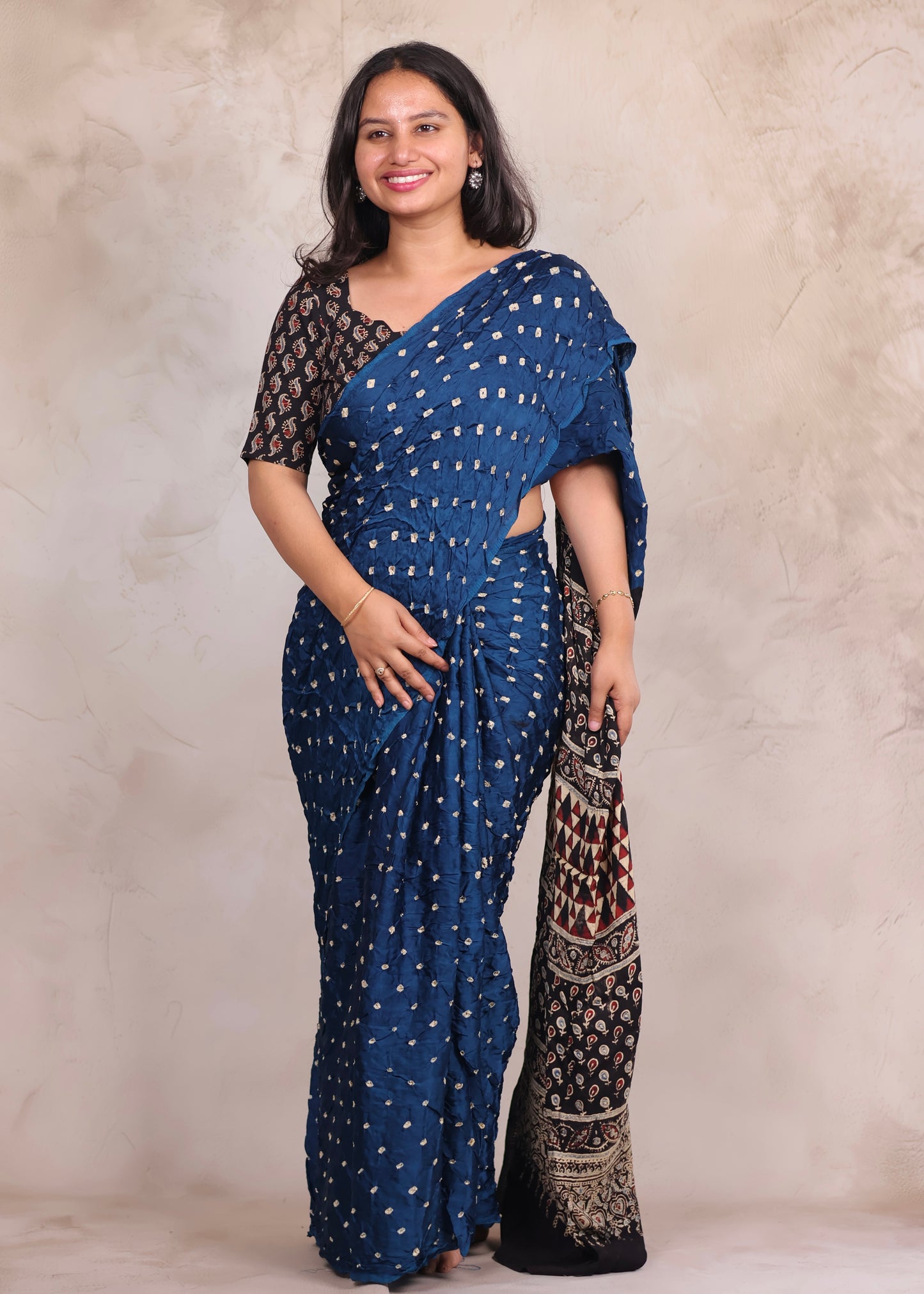 Blue Hand Knotted Bandhej Modal Silk Saree with Ajrakh Pallu | Looms & Tassels