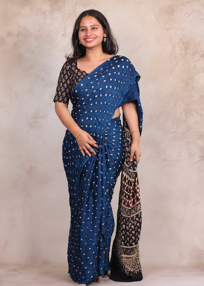 Blue Hand Knotted Bandhej Modal Silk Saree with Ajrakh Pallu | Looms & Tassels