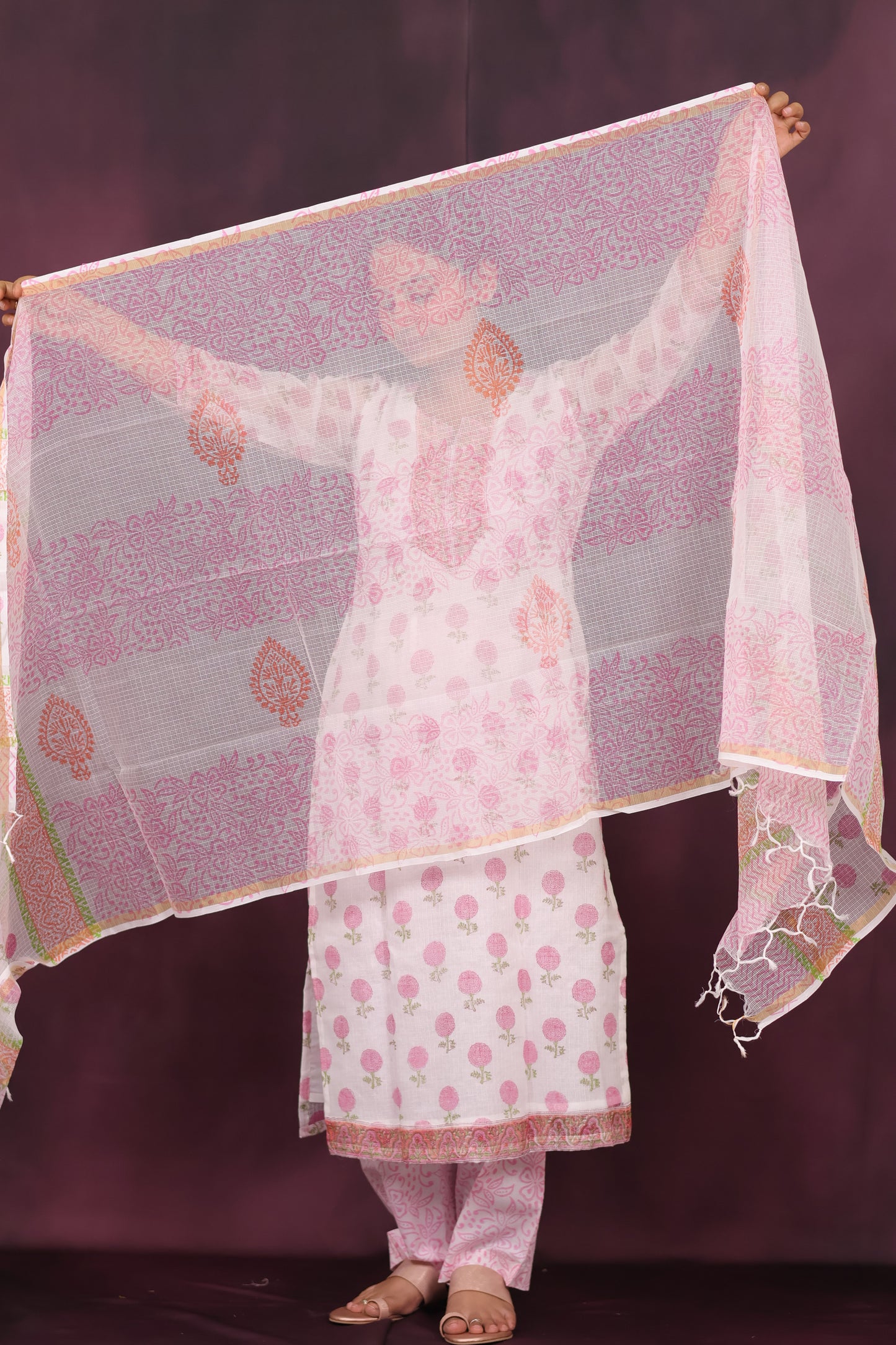 White Handblock printed kota 3 piece suit (stitched)