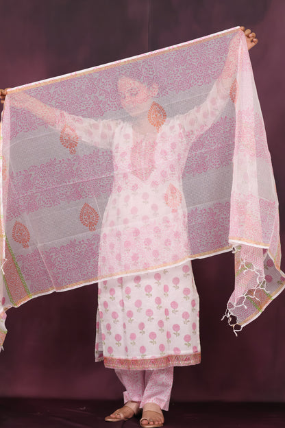 White Handblock printed kota 3 piece suit (stitched)
